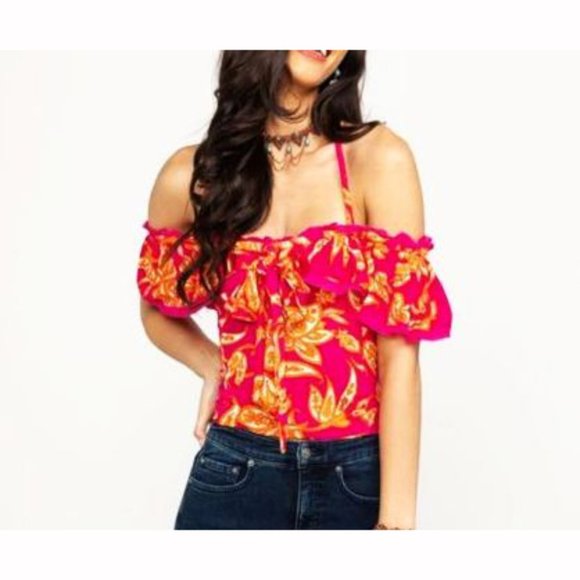 Free People Cha Cha Off-The-Shoulder Top Raspberry Sorbet Fuchsia Hot Pink XS - Picture 2 of 14